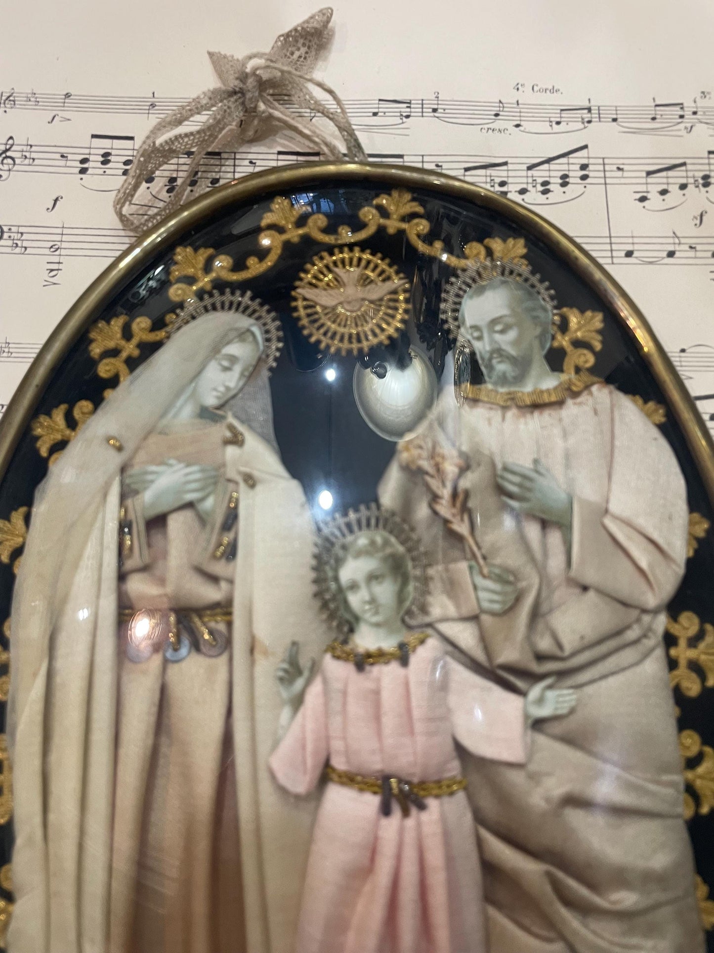 Rare Large Antique French Reliquary / Ex Voto Holy Family Silk Embroidery Domed Glass c1880