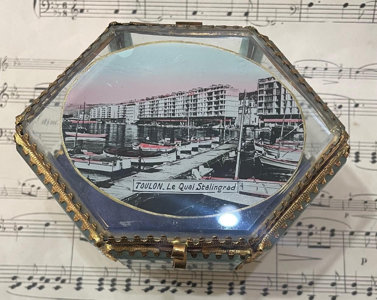 Antique French Eglomise Souvenir Jewelry Box Casket Toulon c1900