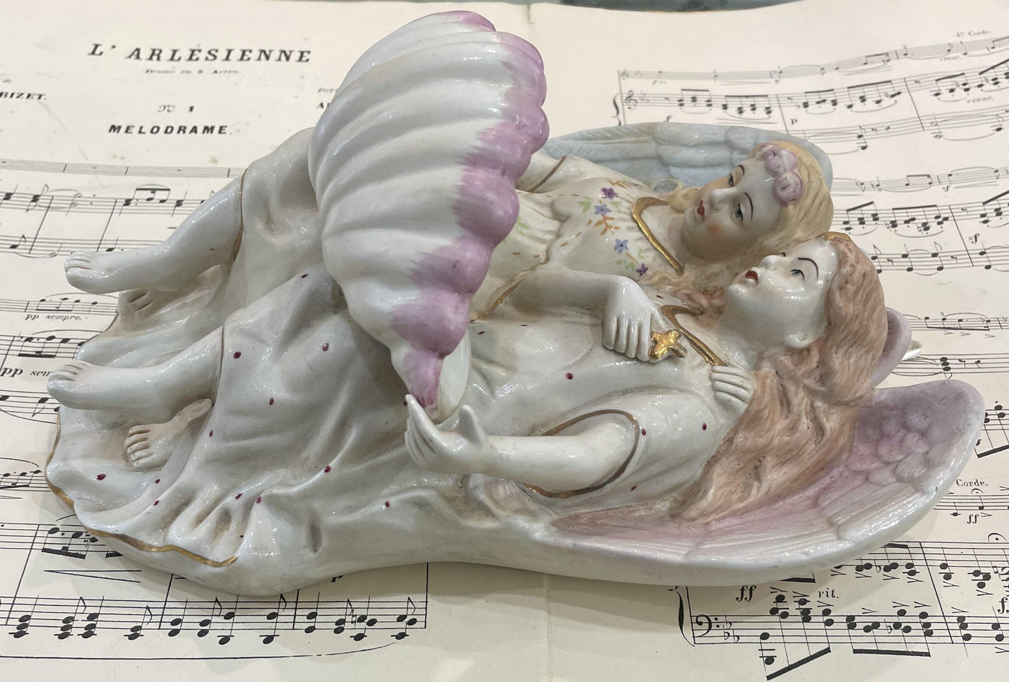 Rare Large Antique French Porcelain Angel Holy Water Font c1880