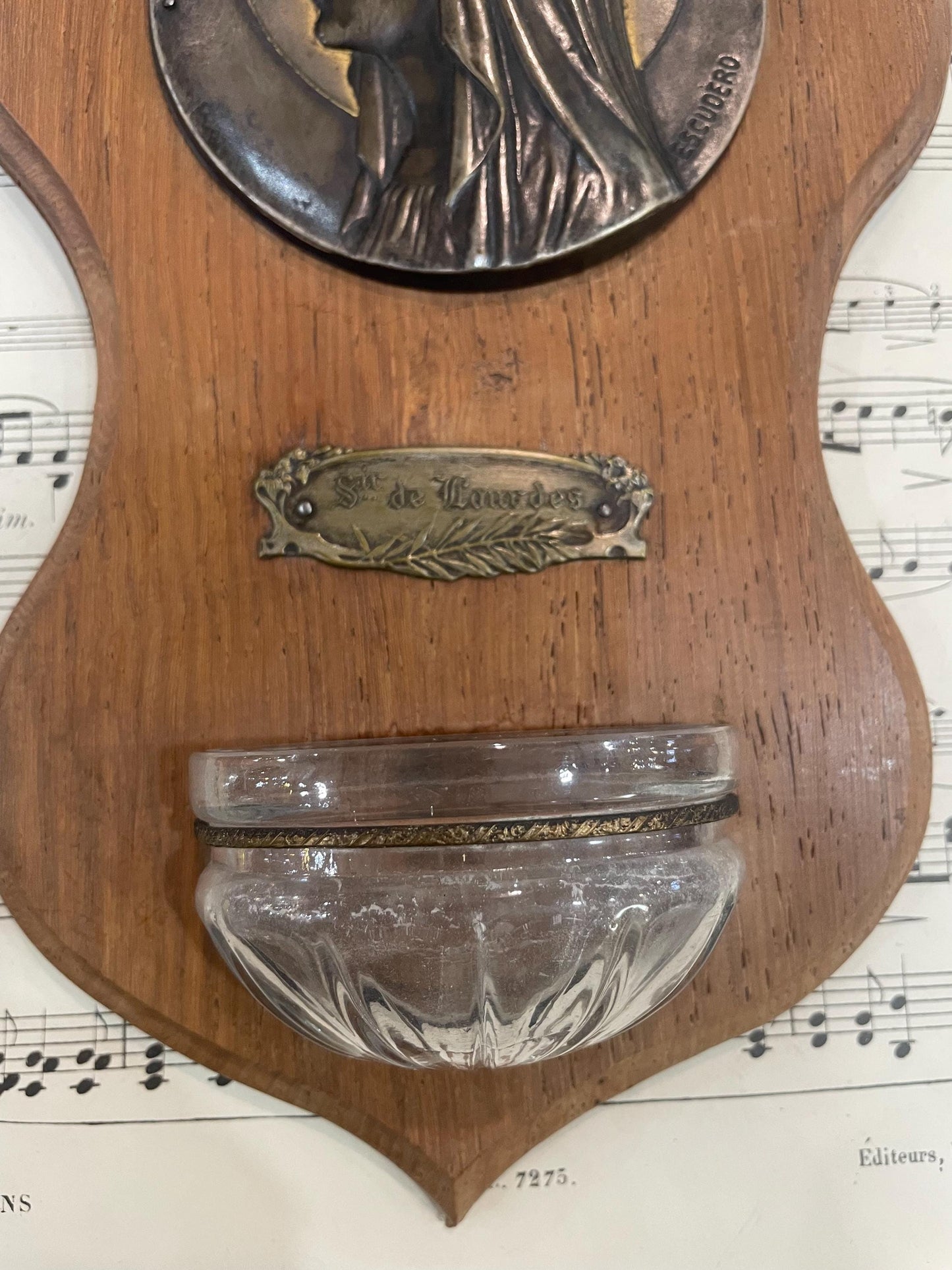 Antique French Art Nouveau Wooden Signed Holy Water Font Lourdes Virgin Mary c1920