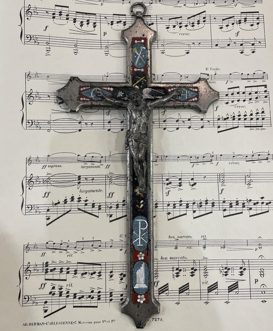 Large Antique Italian Micro Mosaic Micromosaic Cross Crucifix Bird c1900