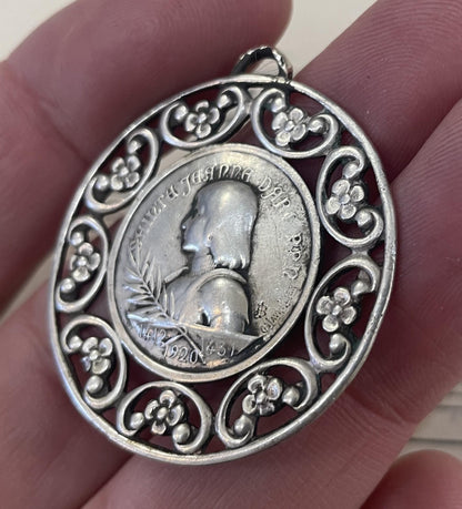 Rare Large Antique French Sterling Silver Joan of Arc Medal Signed Lavrillier c1920