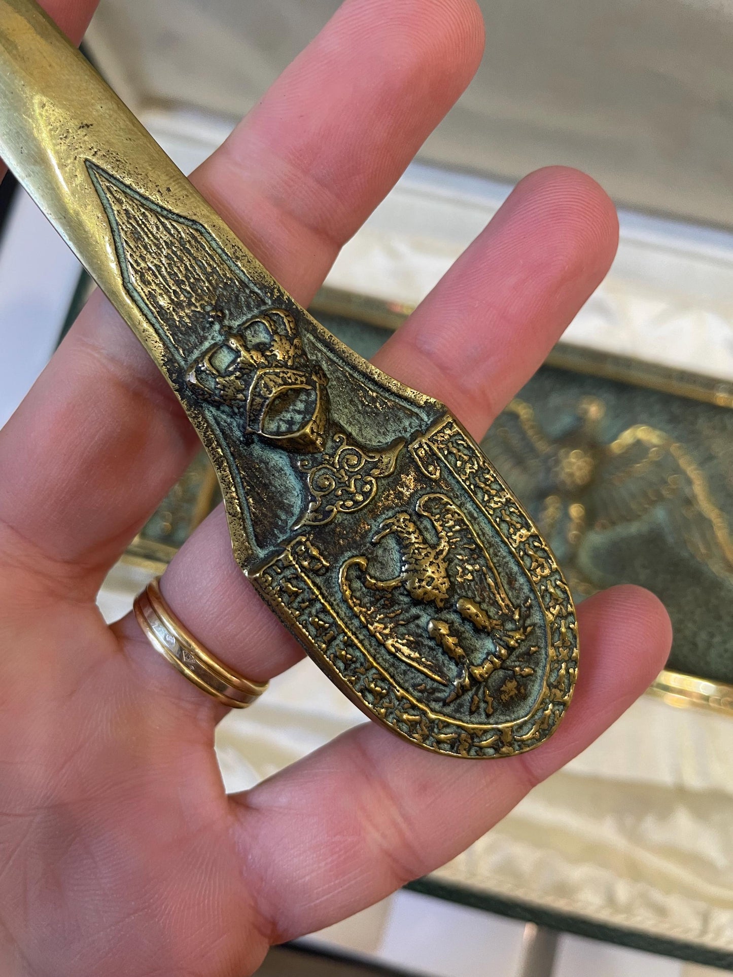 Rare Antique French Max Le Verrier Bronze Set Tray Letter Opener Eagle Original Box c1940