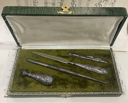 Antique French Silver Plated Desk Set Letter Opener Quill Pen Wax Seal Art Nouveau Original Box c1900