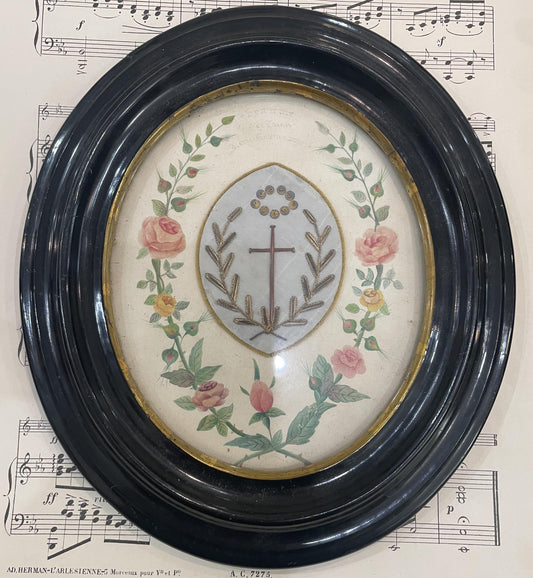 Rare Large Antique French Mourning Hair Art Hand Painted Roses under Glass c1913