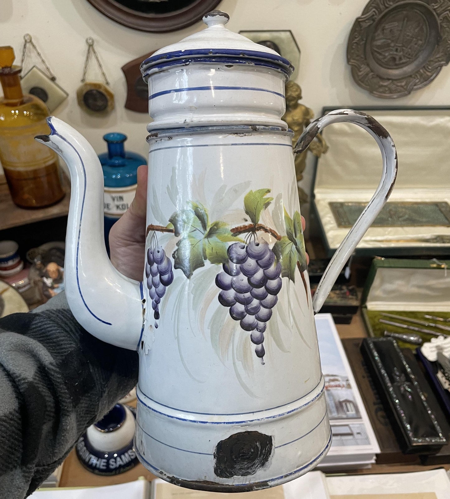 Rare Antique French Enamelware Coffee Pot Grapes Vine c1920