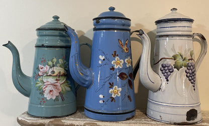 Rare Antique French Enamelware Coffee Pot Palette Flowers c1920