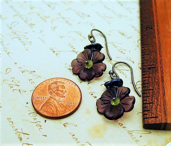 Dangle Amethyst Violet Blossom Earrings with peridot, freshwater pearls and sterling findings.