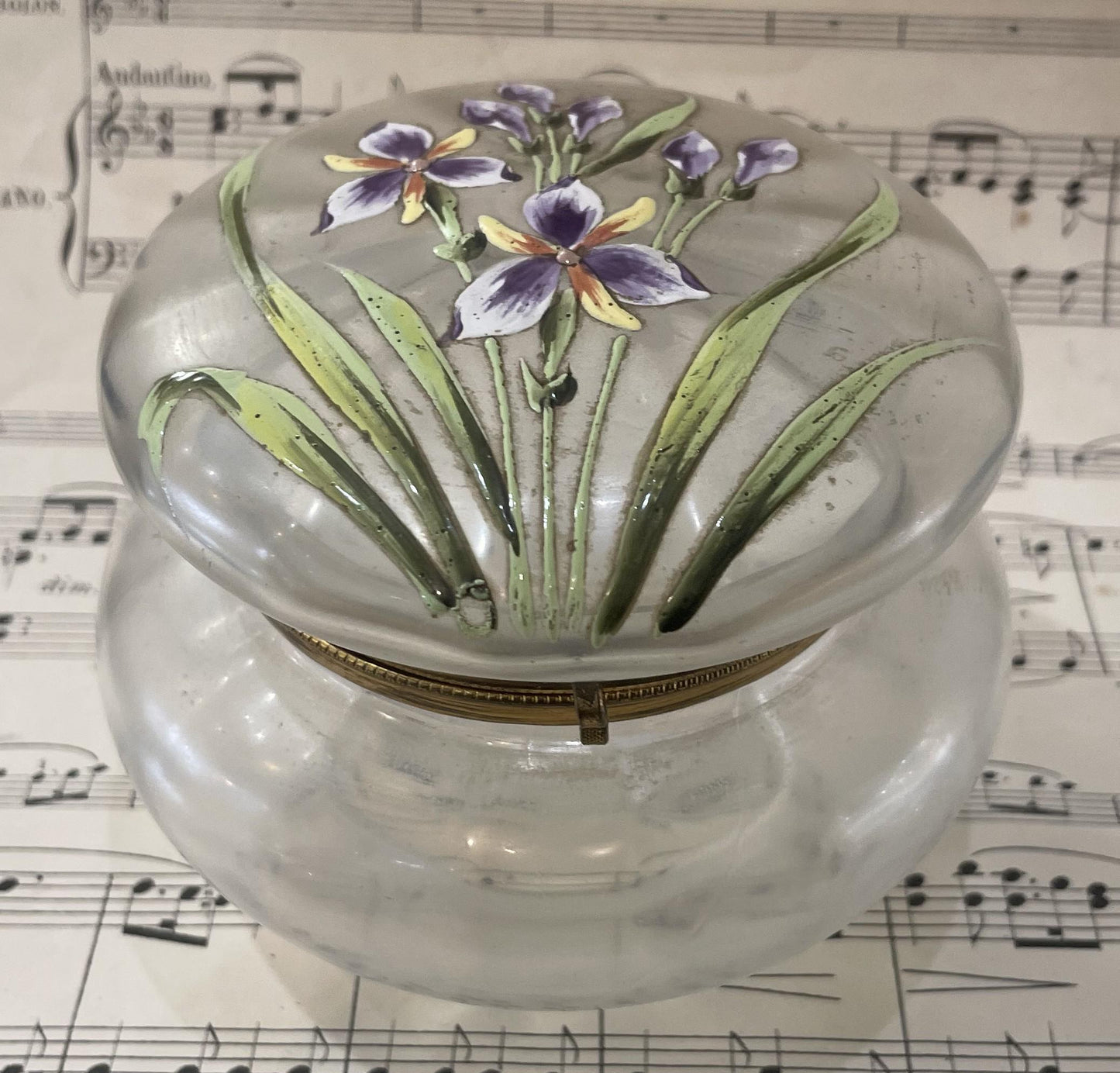 Large Antique French Gilt Brass Glass Hand Painted Enameled Box Flowers c1900