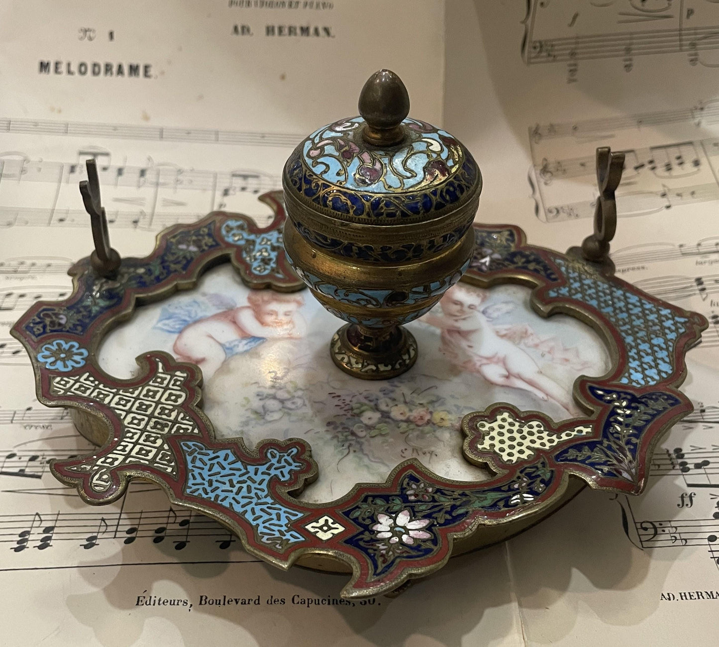 Rare Antique French Champleve Enamel Bronze Hand Painted Angels Ink Well Inkwell c1880