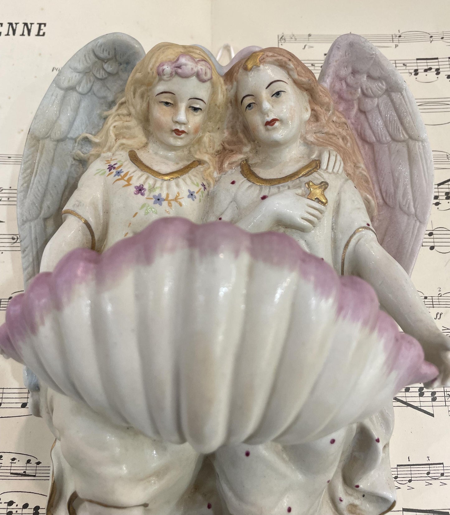 Rare Large Antique French Porcelain Angel Holy Water Font c1880