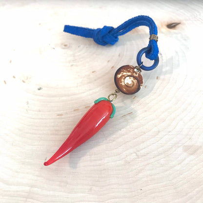 Murano glass chili pepper protection amulet with eye of Lucia shell and antique blue Dogon glass loop