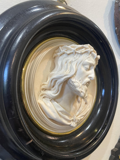 Rare Large French Antique Carved Plaster Jesus Signed Wall Icon c1854