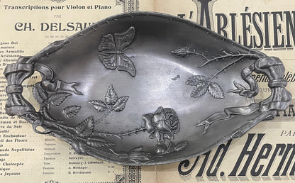 Rare Large Antique French Art Nouveau Pewter Tray Butterfly Roses c1920