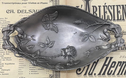 Rare Large Antique French Art Nouveau Pewter Tray Butterfly Roses c1920