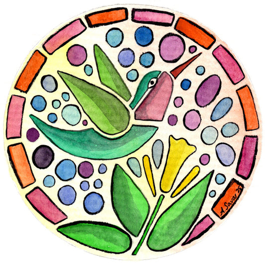 Stained Glass Hummingbird - Original Framed Watercolor