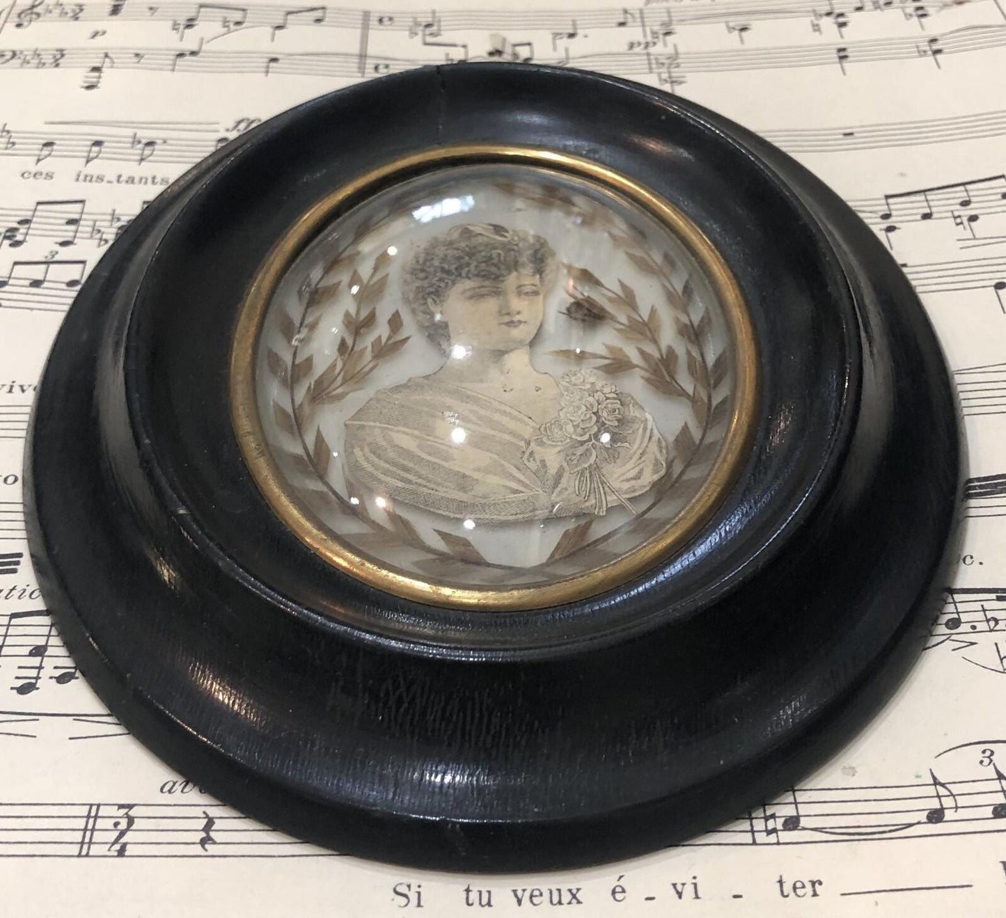 Rare Antique French Mourning Hair Art Domed Glass Wooden Frame Woman c1880