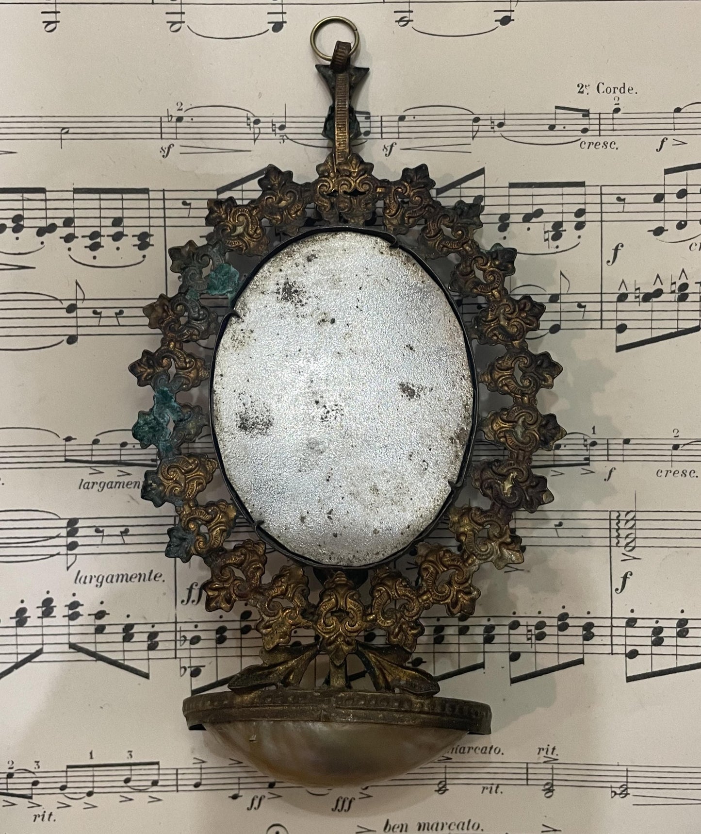 Small Antique French Sacre Coeur Montmartre Bell Holy Water Font Mother of Pearl c1920