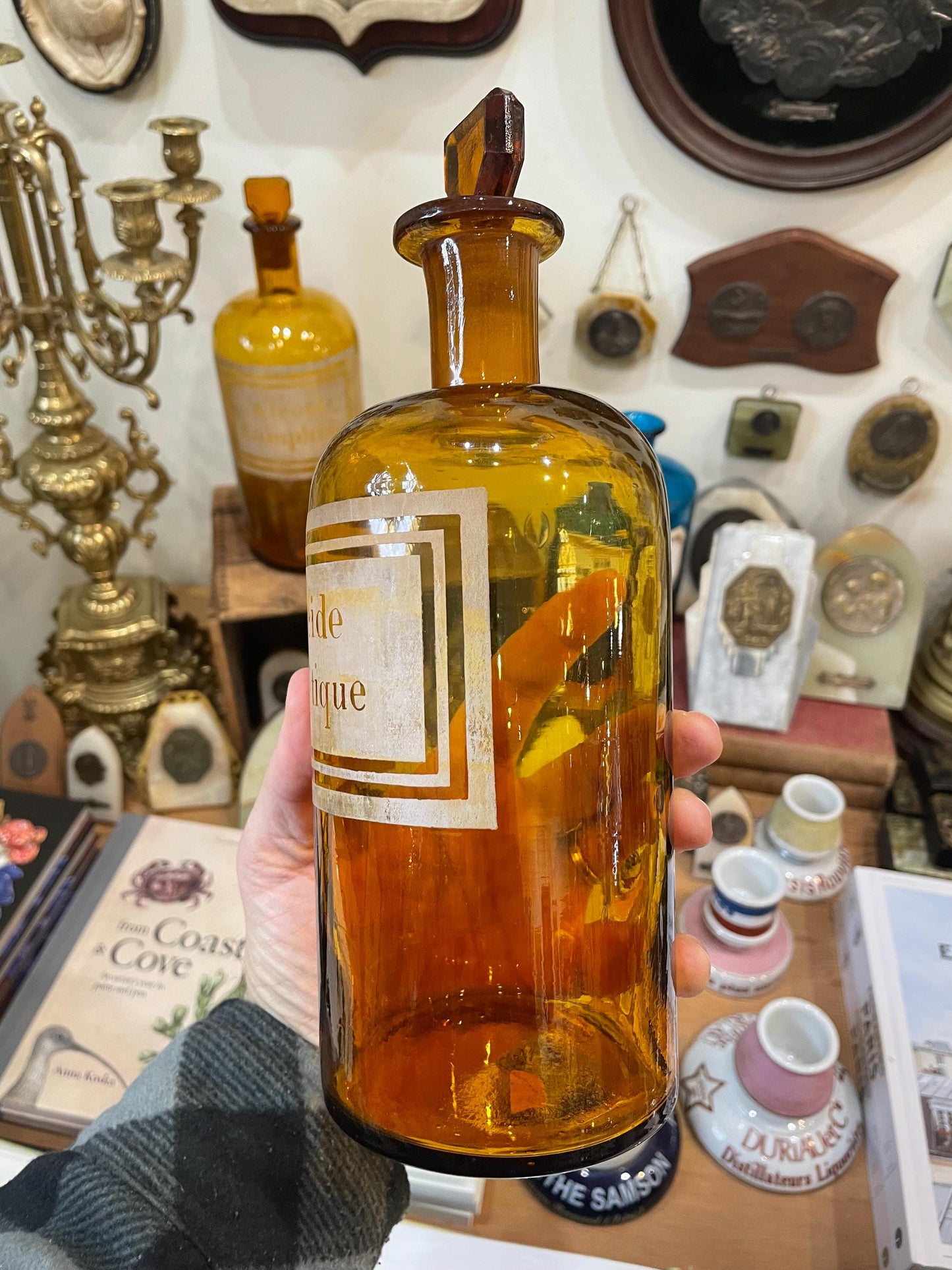 Rare Large Antique French Apothecary Bottle Amber Glass Acide Acetique c1880