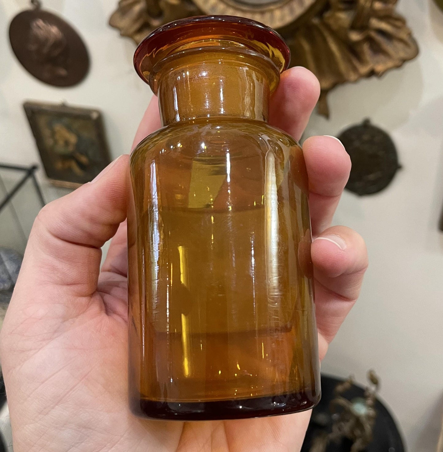 Small Antique French Apothecary Bottle Amber Glass Cupr. Oxydat. c1880
