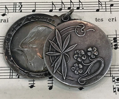Antique French Art Nouveau Joan of Arc Thistle Sliding Mirror Pendant c1900
