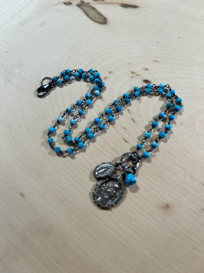 Vintage St Anthony medal and Miraculous Mary necklace with turquoise and sterling silver