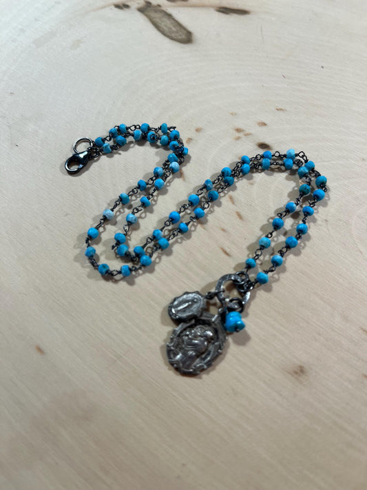 Vintage St Anthony medal and Miraculous Mary necklace with turquoise and sterling silver