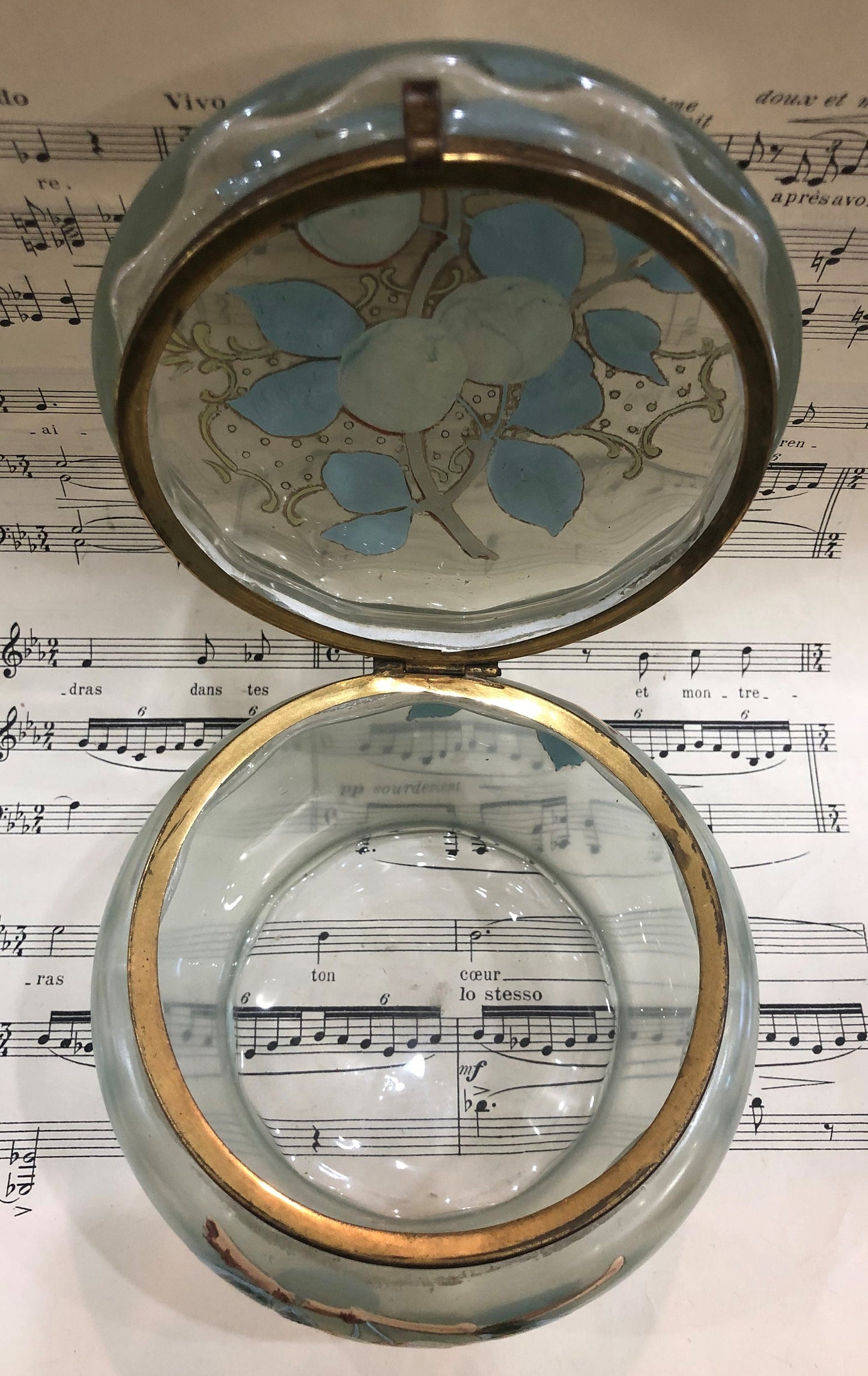 Rare Large Antique French Gilt Brass Glass Hand Painted Enameled Box Fruits Peach c1900