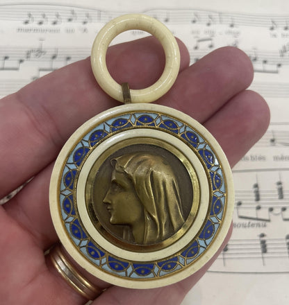Rare Antique French Enameled Crib Cradle Protector Virgin Mary Celluloid Baptism c1920