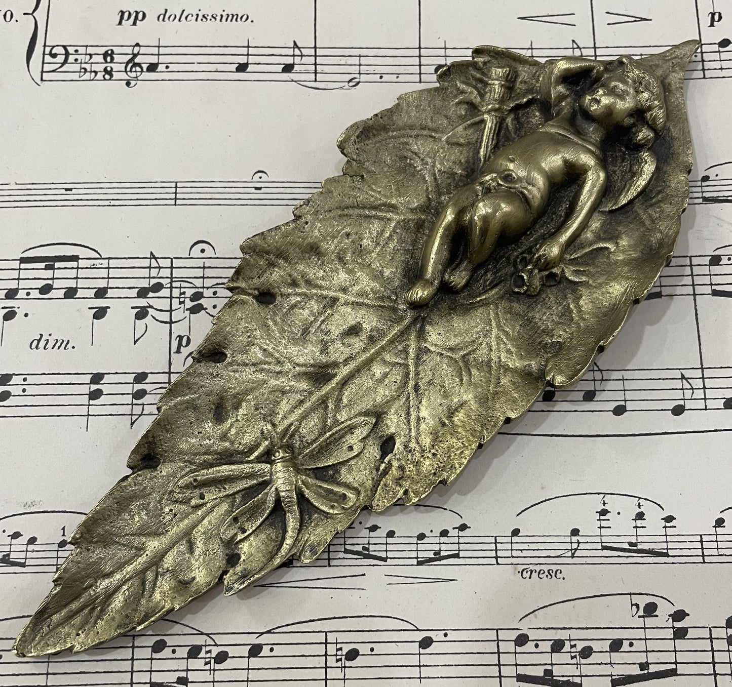 Rare Antique French Art Nouveau Bronze Tray Cherubs Angels Dragonfly c1920