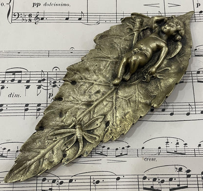 Rare Antique French Art Nouveau Bronze Tray Cherubs Angels Dragonfly c1920