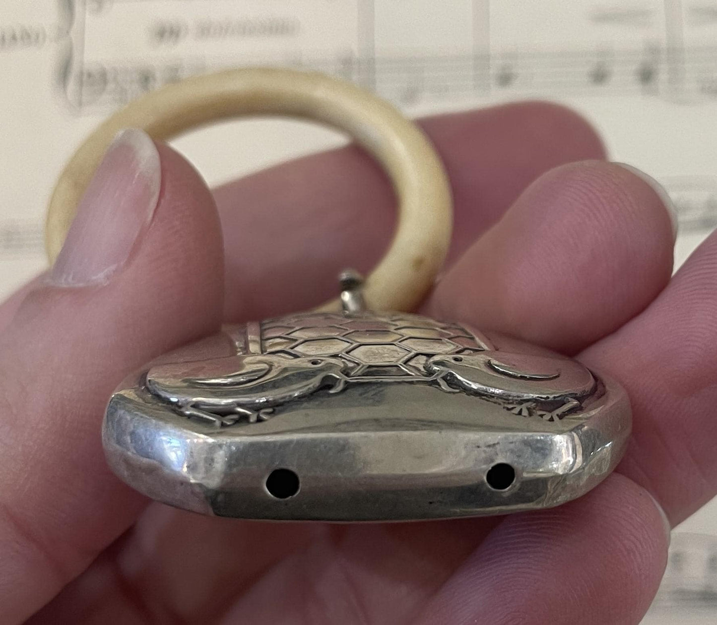 Antique French Art Deco Sterling Silver Baby Rattle Chicken Chicks c1920