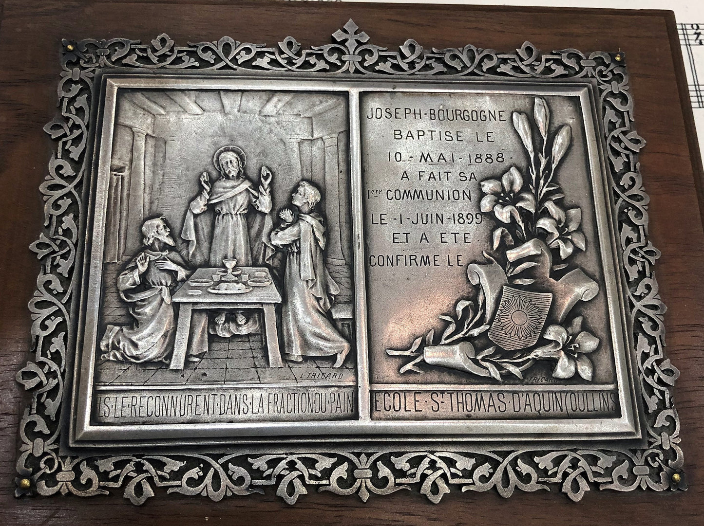 Rare Antique French First Communion Religious Plaque Stand Signed Tricard c1899