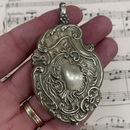 Rare Large Antique French Art Nouveau Silver Plated Sliding Mirror Pendant c1900