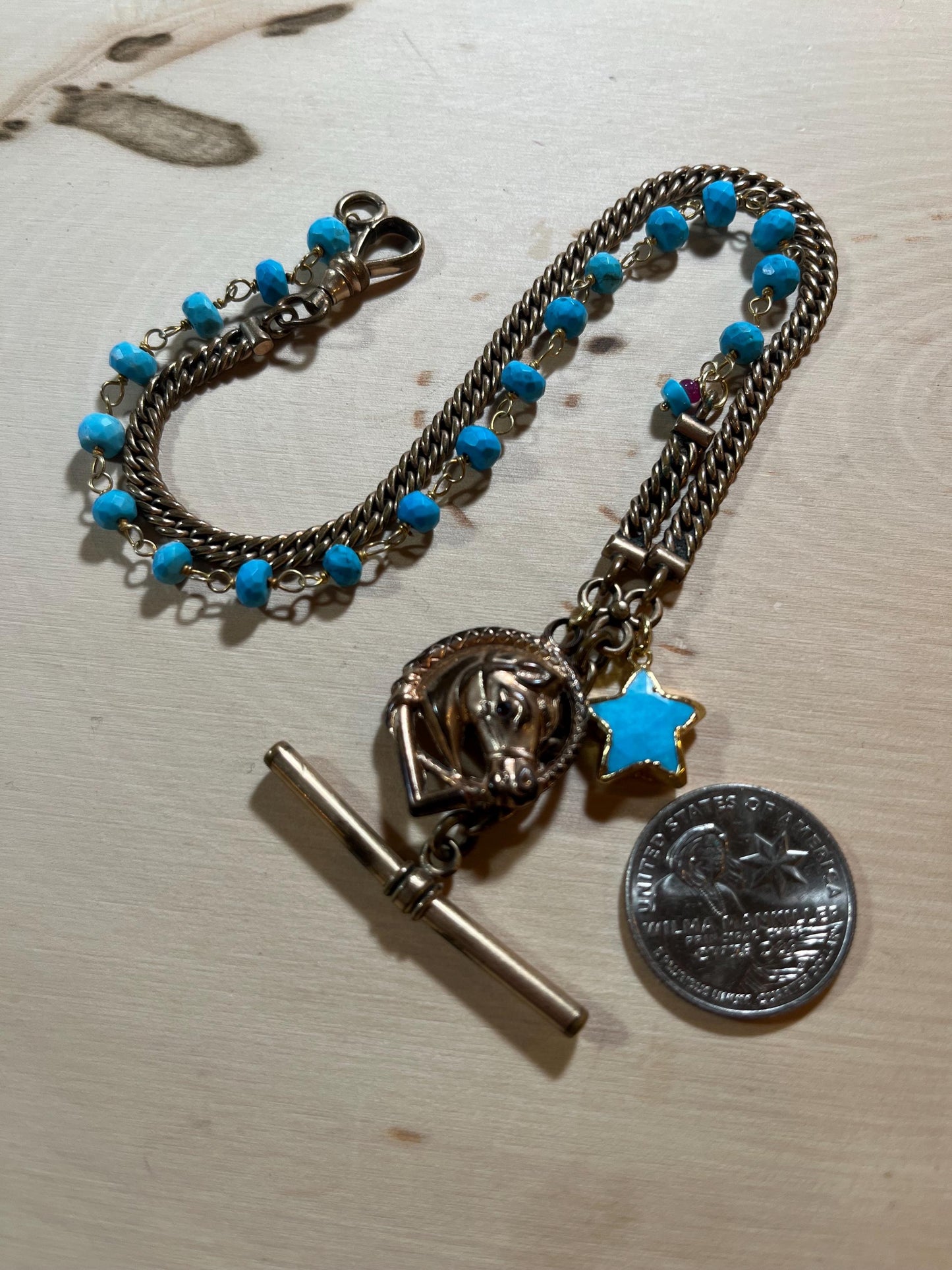 Antique pocket watch chain, French goldfilled horse pendant and turquoise chain necklace