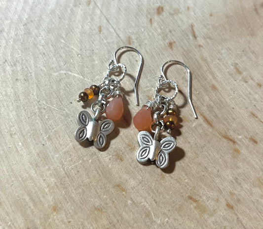 Butterfly Earrings with moonstone, pearls, sterling silver