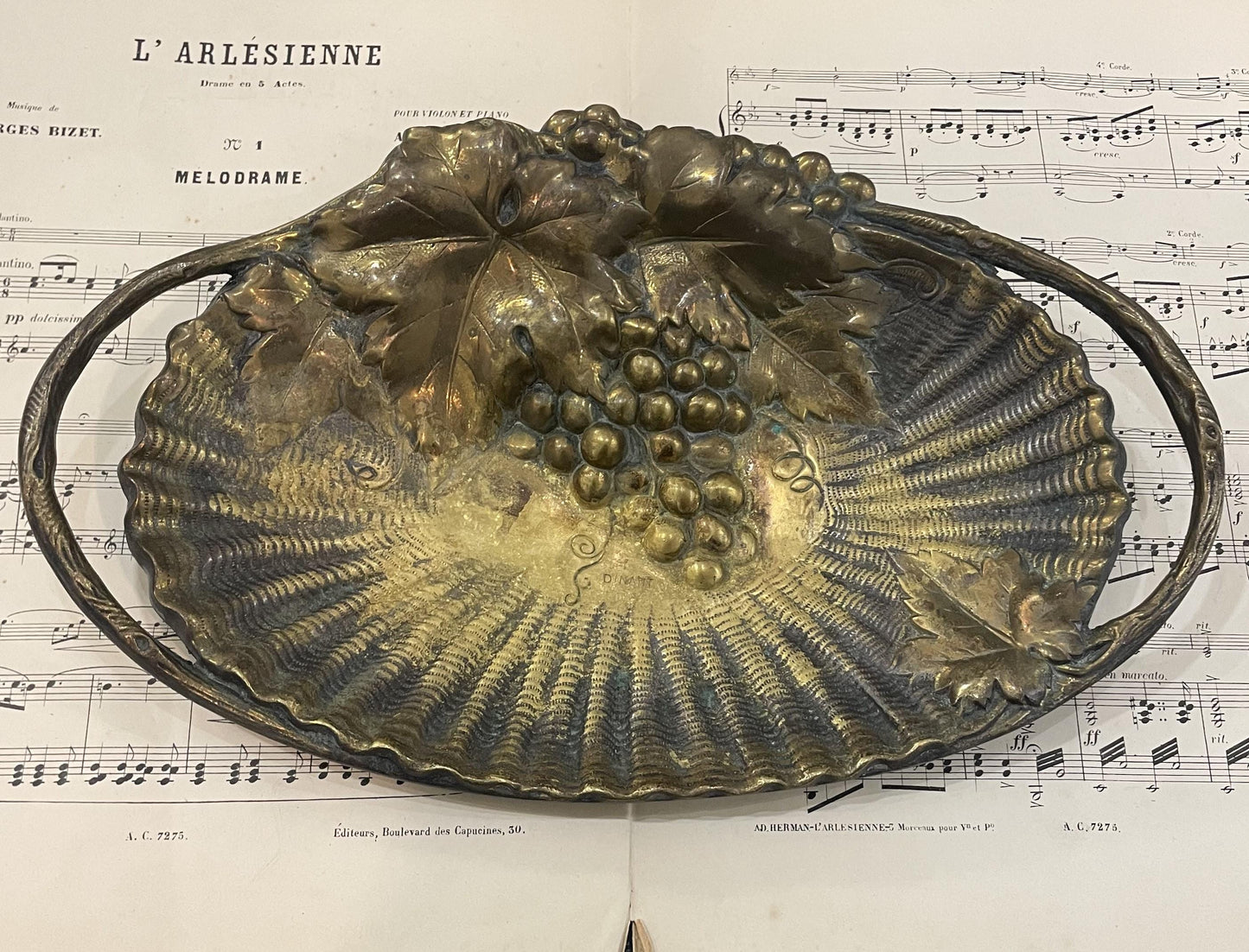 Large Antique French Art Nouveau Bronze Tray with Grapes c1900