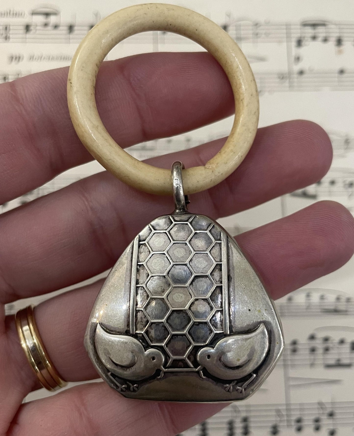 Antique French Art Deco Sterling Silver Baby Rattle Chicken Chicks c1920