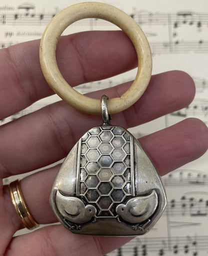 Antique French Art Deco Sterling Silver Baby Rattle Chicken Chicks c1920