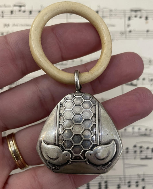 Antique French Art Deco Sterling Silver Baby Rattle Chicken Chicks c1920