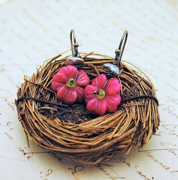 Dangle Pink Rhodonite Cherry Blossom Earrings with pearls, peridot and sterling earwires