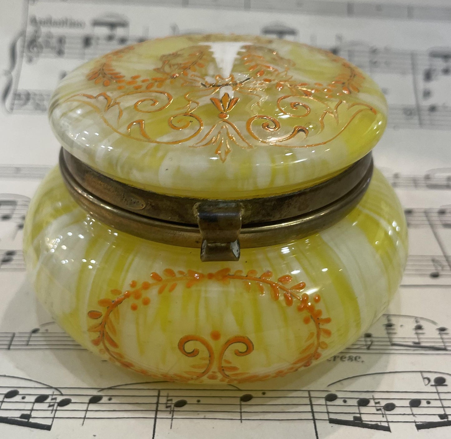 Antique French Gilt Brass Yellow Glass Hand Painted Enameled Box Torch c1920