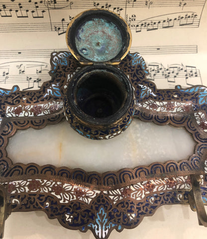 Rare Antique French Champleve Enamel Bronze Ink Well Inkwell c1880
