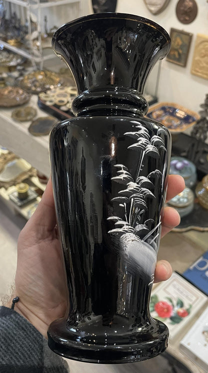 Rare Antique French Black Glass Hand Painted Enameled Vase Mary Gregory c1900