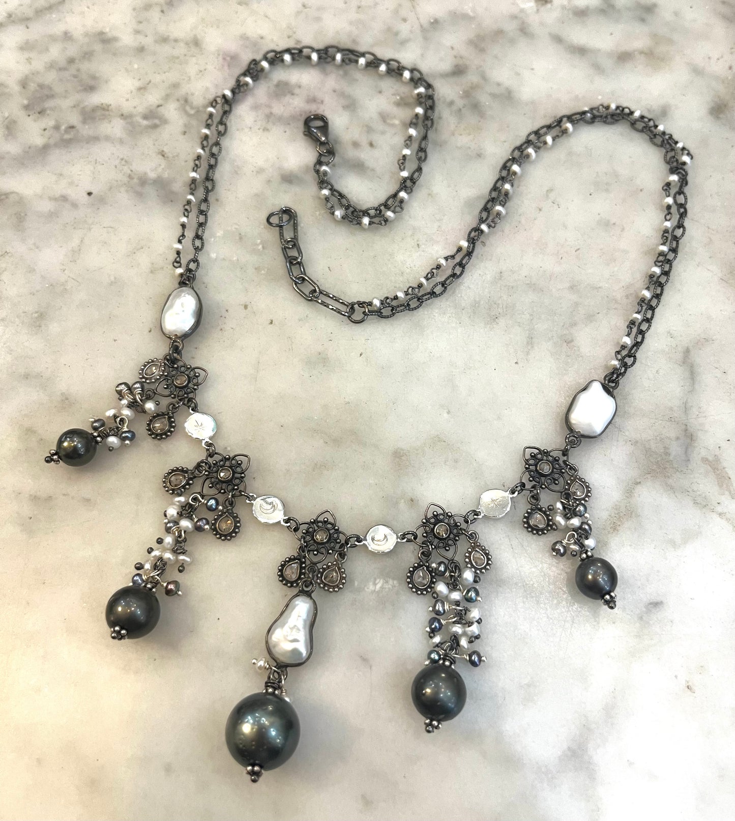 Tahitian Black Pearl and Diamond Necklace with tourmaline