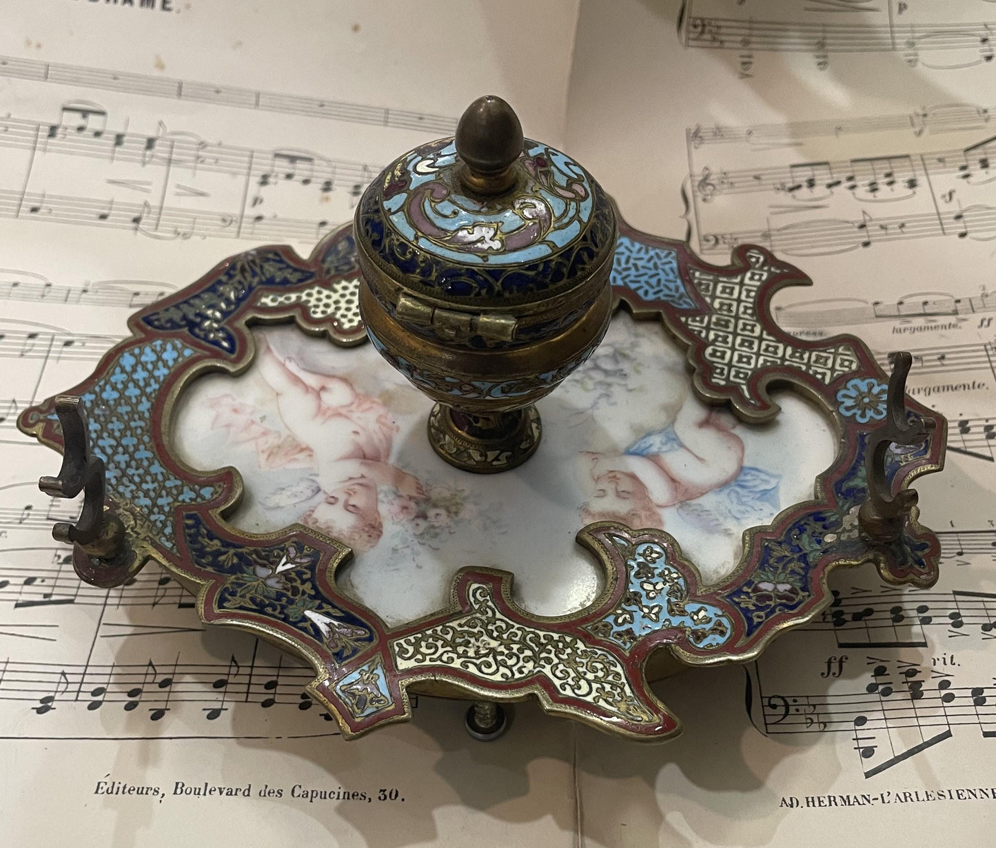 Rare Antique French Champleve Enamel Bronze Hand Painted Angels Ink Well Inkwell c1880