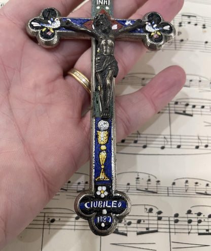 Antique Italian Micro Mosaic Micromosaic Cross Crucifix Bird Chalice Jubilee c1887
