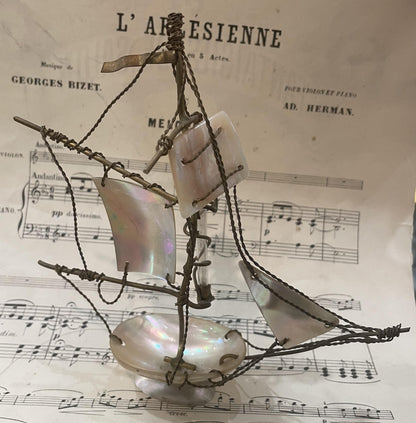 Rare Antique French Mother of Pearl Boat Souvenir of Cherbourg c1880