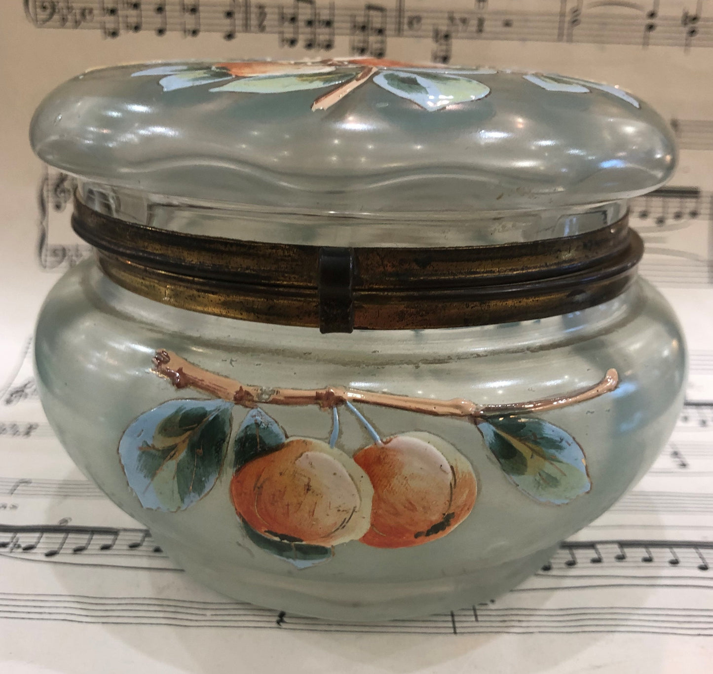 Rare Large Antique French Gilt Brass Glass Hand Painted Enameled Box Fruits Peach c1900