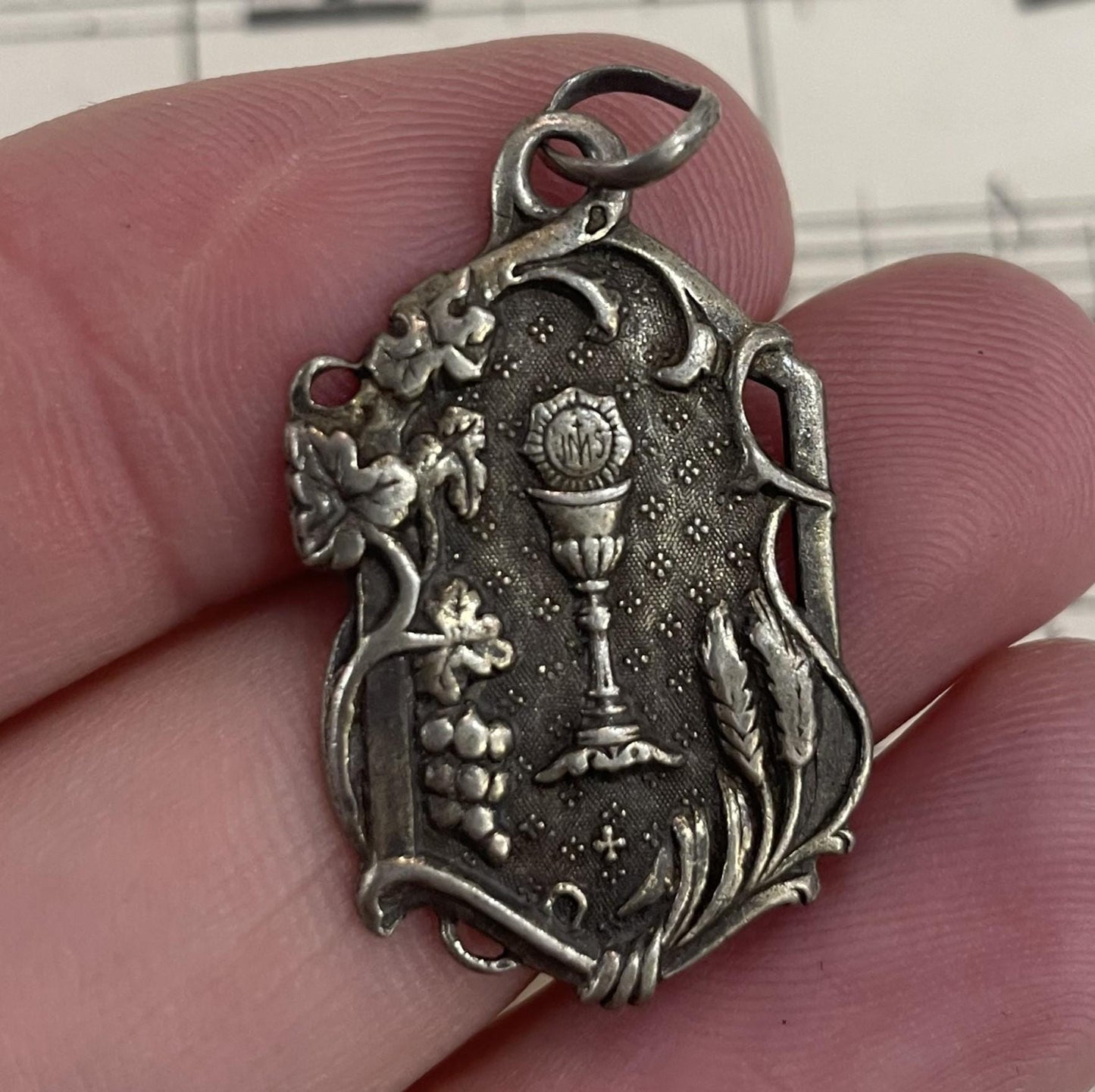 Antique French Art Nouveau Sterling Silver First Communion Medal Chalice c1911